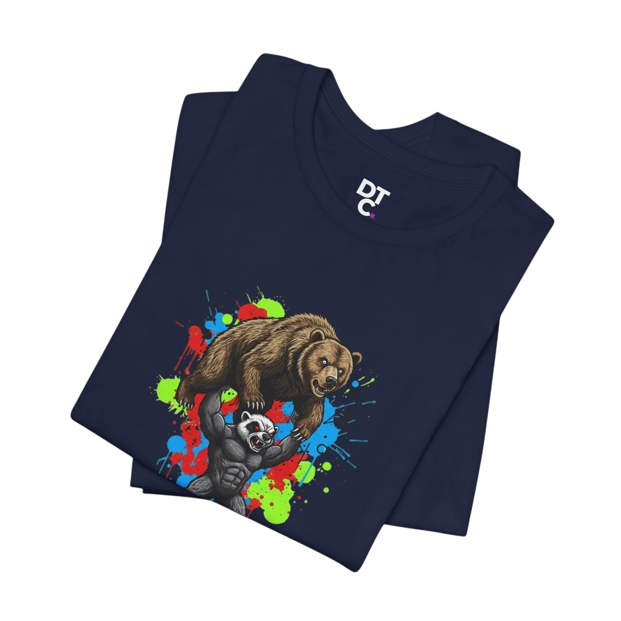 DailyThreadCo navy blue 100% cotton t-shirt with 'Zero Given' graphic of a honey badger lifting a bear, set against a colorful paint splash background.