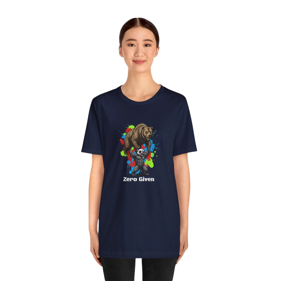 DailyThreadCo. navy blue 100% cotton t-shirt with a graphic of a honey badger lifting a bear, with colorful paint splatters and the text 'Zero Given'.