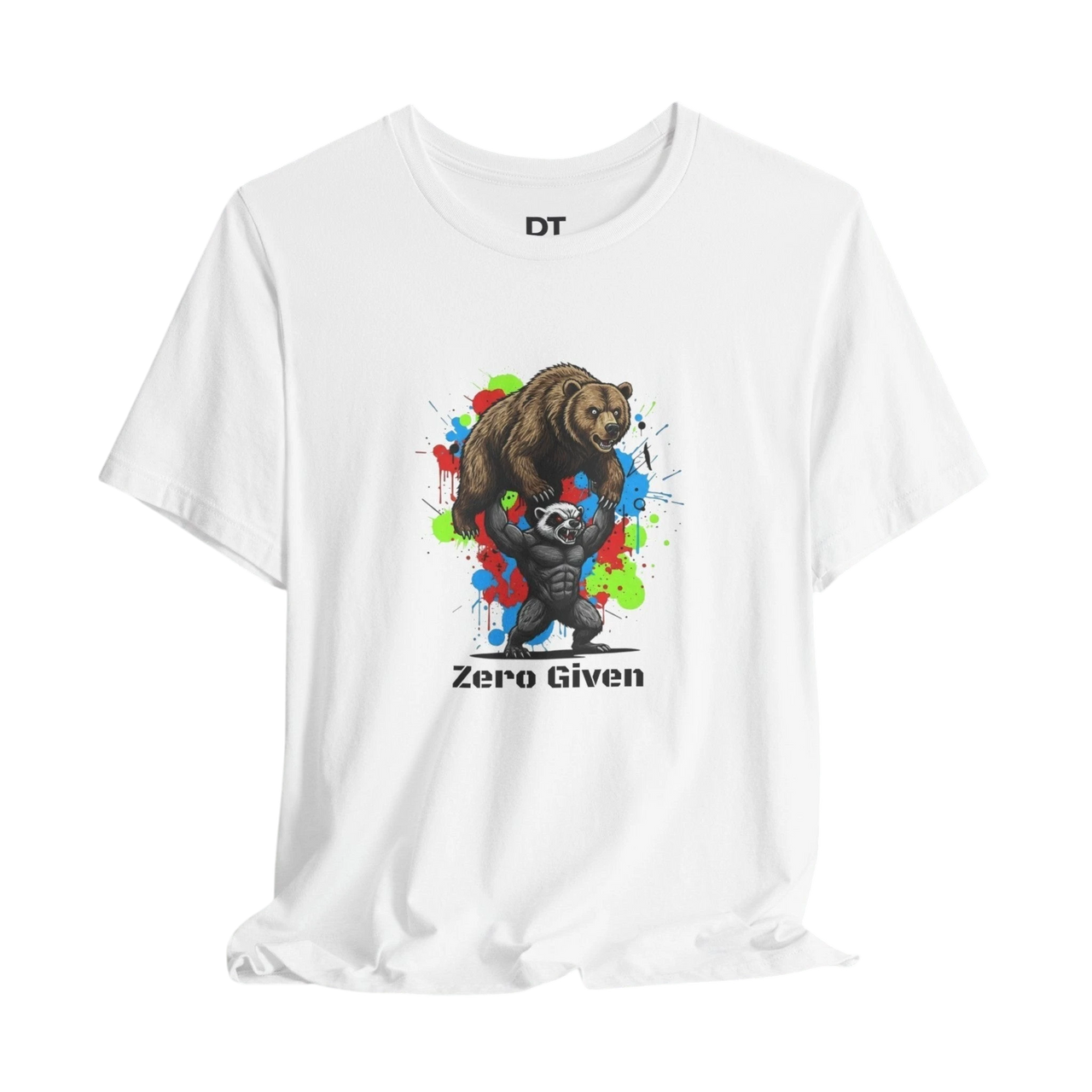 DailyThreadCo white 100% cotton t-shirt with a graphic of a honey badger lifting a bear, with colorful paint splatters and the text 'Zero Given'.