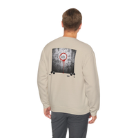 DailyThreadCo. beige crewneck sweatshirt with a graphic of tally marks and a red circle on the back. Medium-weight cotton-blend.