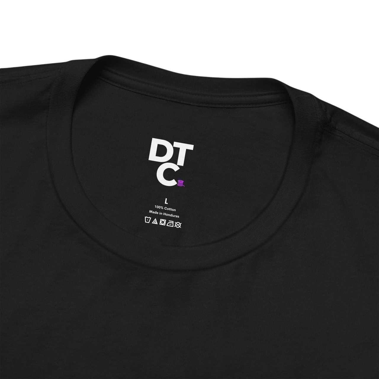 DailyThreadCo. black 100% cotton t-shirt with Spartan helmet graphic and "Fortes Fortuna Juvat" text on back.