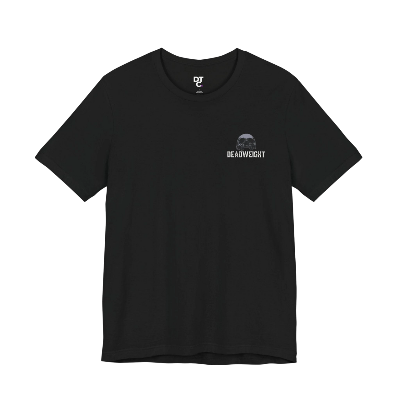 DailyThreadCo. black 100% cotton crew neck t-shirt with a small skull graphic and "DEADWEIGHT" text on the front chest.