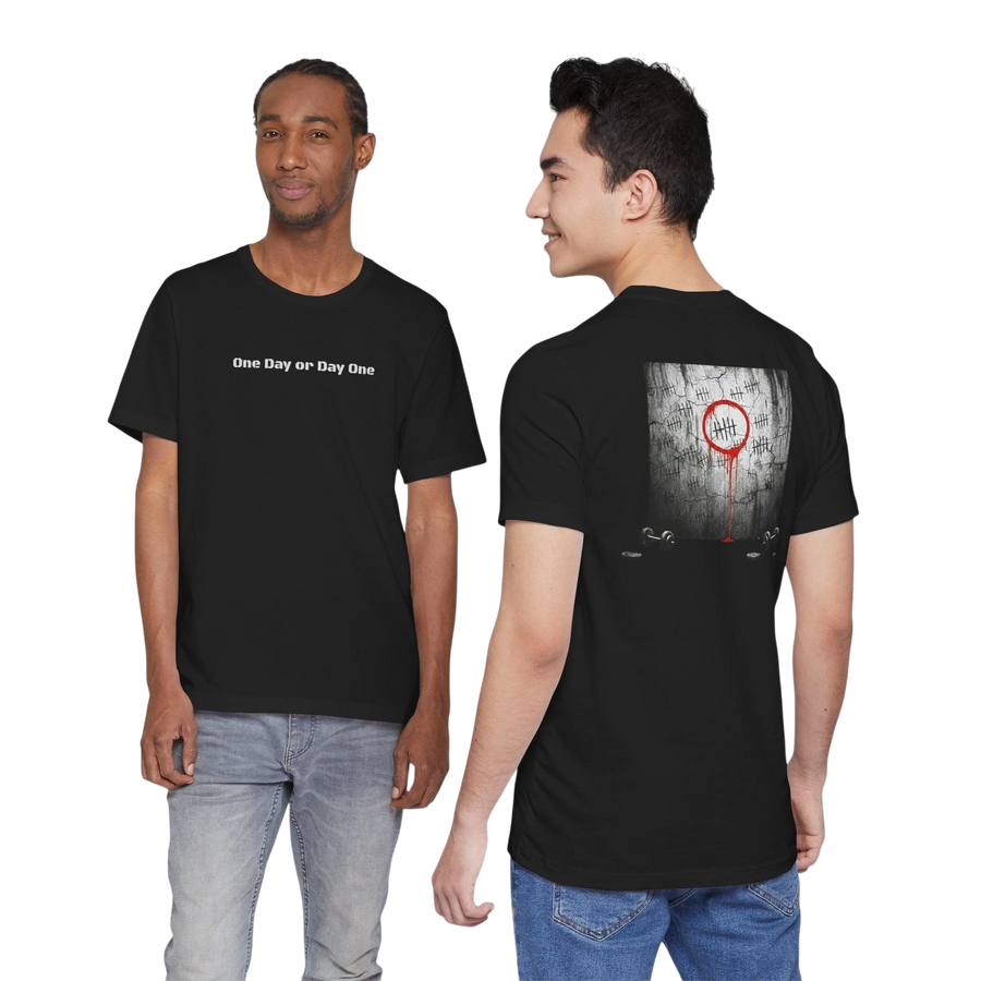 DailyThreadCo. black 100% cotton crew neck t-shirt with white "One Day or Day One" graphic text on front.