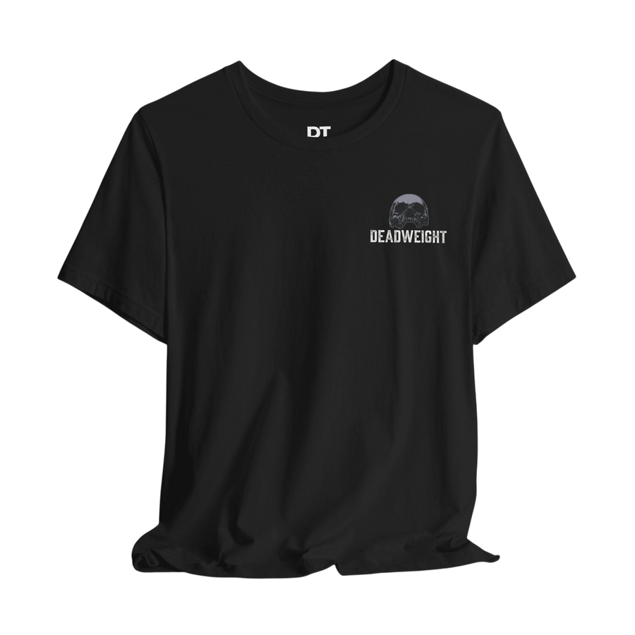 DailyThreadCo. black 100% cotton t-shirt with a small chest graphic of a skull and the word DEADWEIGHT.