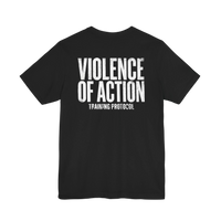 DailyThreadCo. black cotton gym t-shirt featuring a bold white Violence of Action Training Protocol back print.