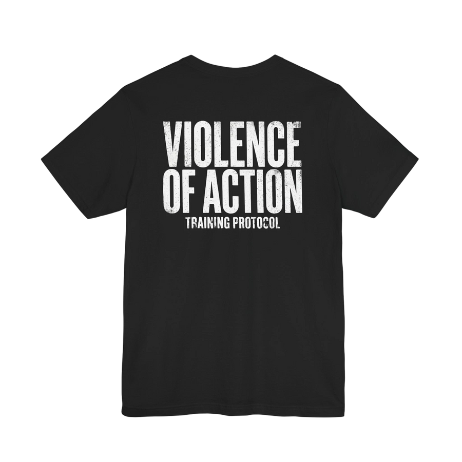 DailyThreadCo. black cotton gym t-shirt featuring a bold white Violence of Action Training Protocol back print.