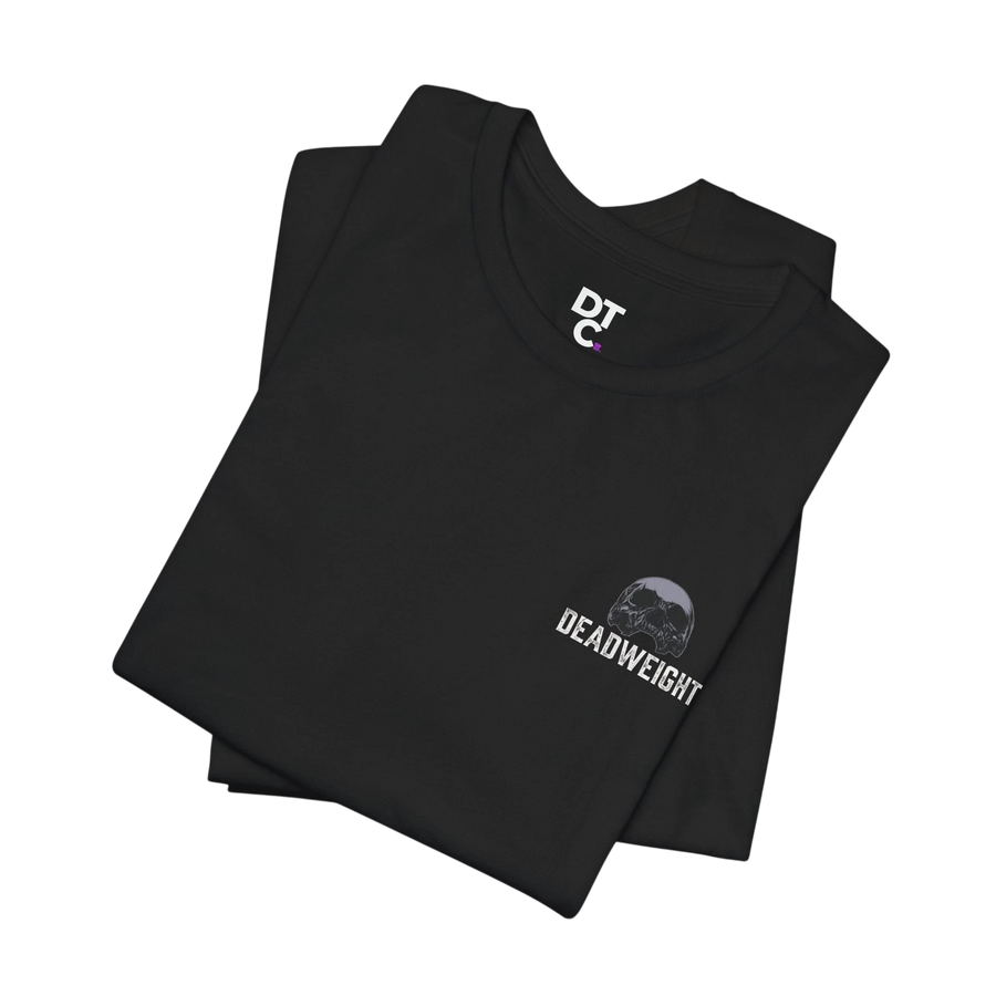 DailyThreadCo. black 100% Airlume cotton t-shirt with crew neck, featuring a small chest graphic of a skull and the word "DEADWEIGHT".
