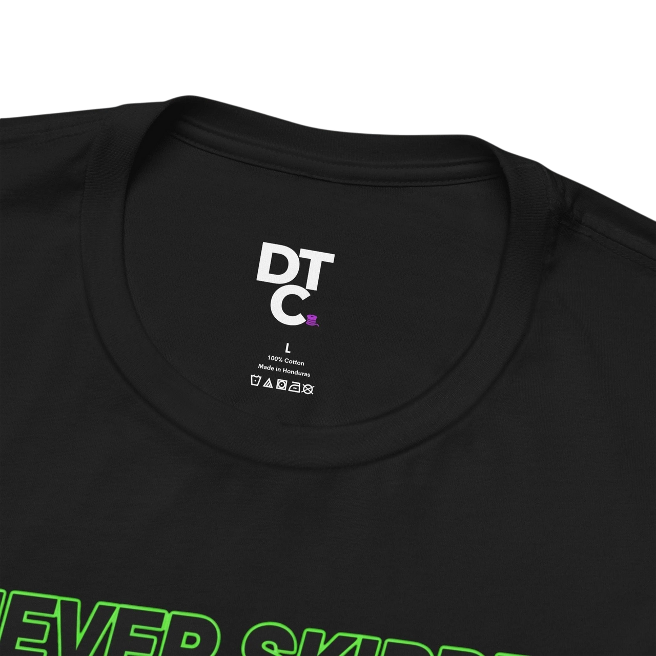 DailyThreadCo. black 100% cotton t-shirt with neon green graphic text 'NEVER SKIPPED CHEST DAY' and a pigeon illustration.
