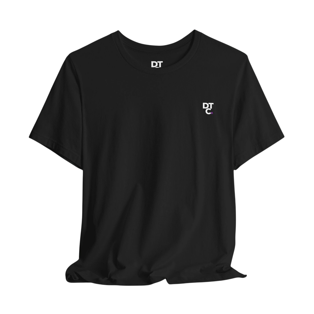 DailyThreadCo. black 100% cotton t-shirt with a small white DT logo on the left chest and a graphic on the back.