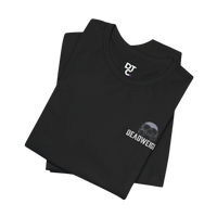 DailyThreadCo. black 100% cotton t-shirt with distressed skull and text graphic on chest and back.