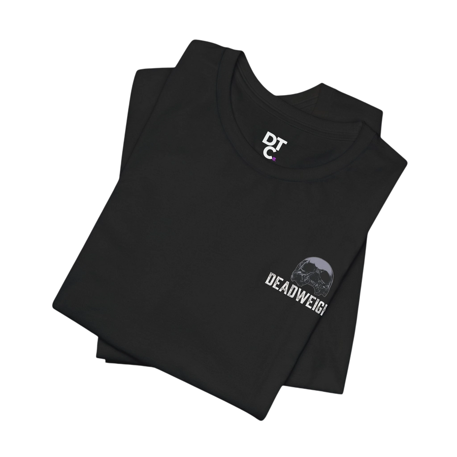 DailyThreadCo. black 100% cotton t-shirt with distressed skull and text graphic on chest and back.