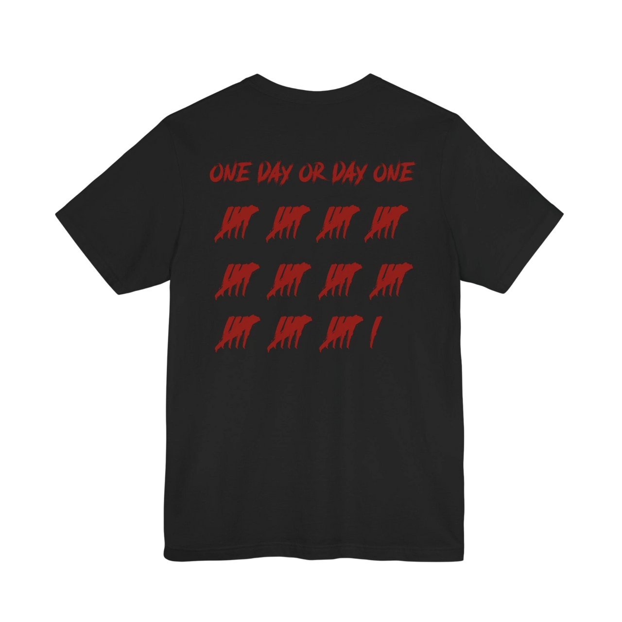DailyThreadCo. black cotton t-shirt with red One Day or Day One text and tally mark graphic on the back.