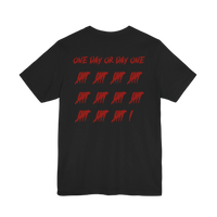 DailyThreadCo. black cotton t-shirt with red One Day or Day One text and tally mark graphic on the back.