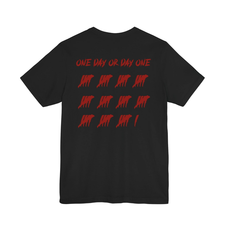 DailyThreadCo. black cotton t-shirt with red One Day or Day One text and tally mark graphic on the back.