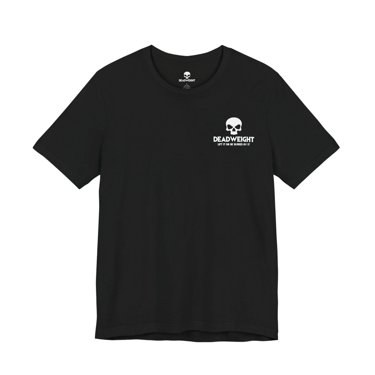 DailyThreadCo. black cotton crew neck training t-shirt with white skull logo graphic on the front chest.