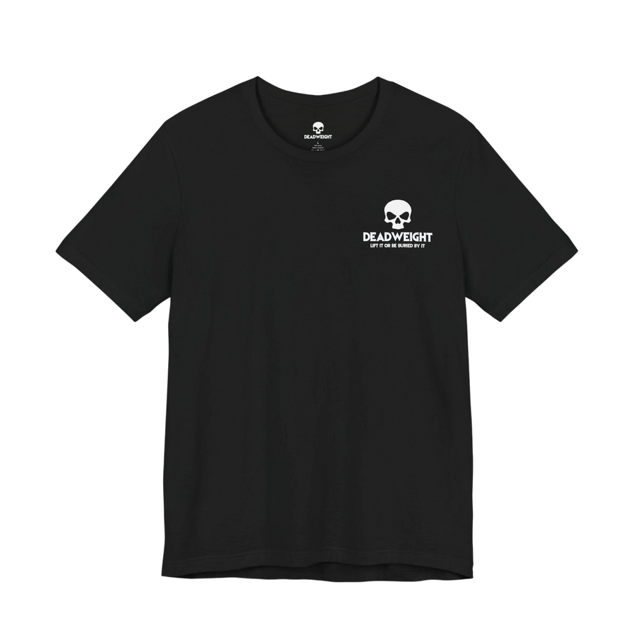 DailyThreadCo. black cotton crew neck training t-shirt with white skull logo graphic on the front chest.