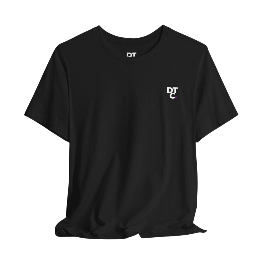 DailyThreadCo. black 100% cotton t-shirt with a small white DT logo on the left chest and a larger graphic on the back.