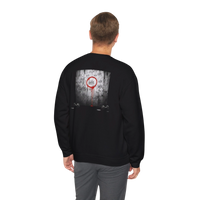 DailyThreadCo. black crewneck sweatshirt with a graphic of tally marks and a red circle on the back. Cotton-poly blend.