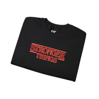 DailyThreadCo. black crewneck sweatshirt with red retro 'Stronger Things' logo embroidery. 50/50 cotton-polyester blend.