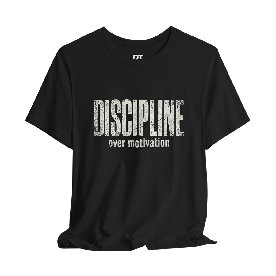 DailyThreadCo. black 100% cotton t-shirt with distressed white "DISCIPLINE over motivation" graphic print.