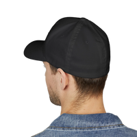 DailyThreadCo. black structured flexfit cap worn by a man in a denim jacket, showing a clean back profile.