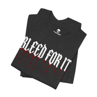 DailyThreadCo. black cotton gym tee with white gothic BLEED FOR IT text and realistic red blood drip graphic design.