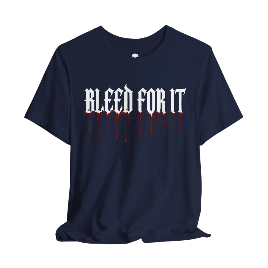 DailyThreadCo. black crew-neck cotton gym tee featuring white gothic BLEED FOR IT text with realistic red blood drips.