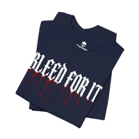 DailyThreadCo. black cotton gym tee featuring white gothic BLEED FOR IT text with realistic red blood drip accents.
