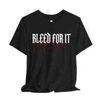 DailyThreadCo. black cotton gym tee featuring white gothic BLEED FOR IT text with realistic red blood drip graphic.