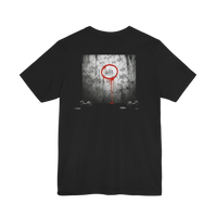 DailyThreadCo. black 100% cotton t-shirt with a graphic print of tally marks on a concrete wall and red dripping text.