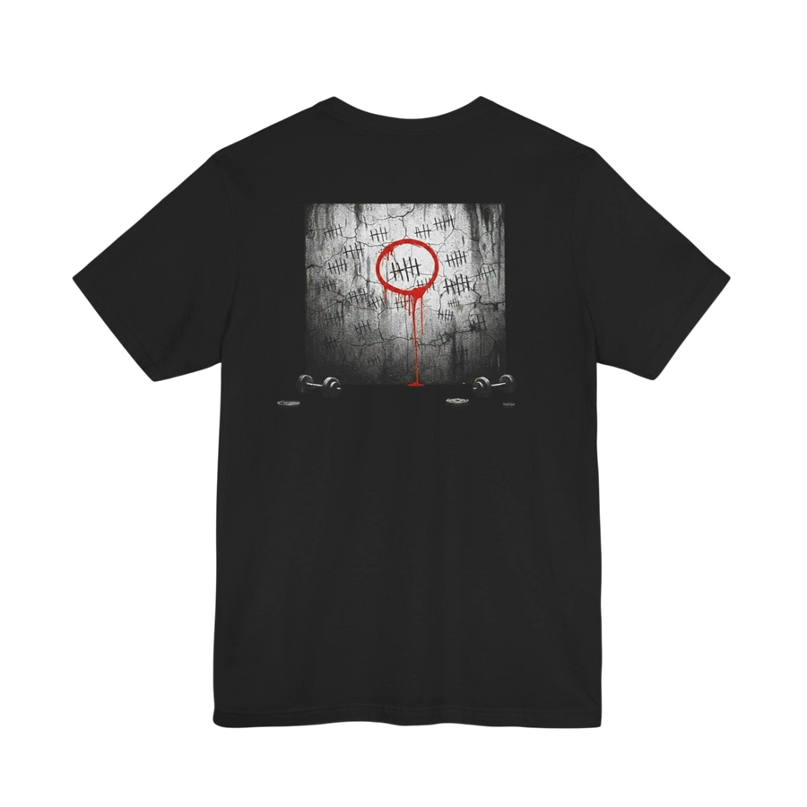 DailyThreadCo. black 100% cotton t-shirt with a graphic print of tally marks on a concrete wall and red dripping text.
