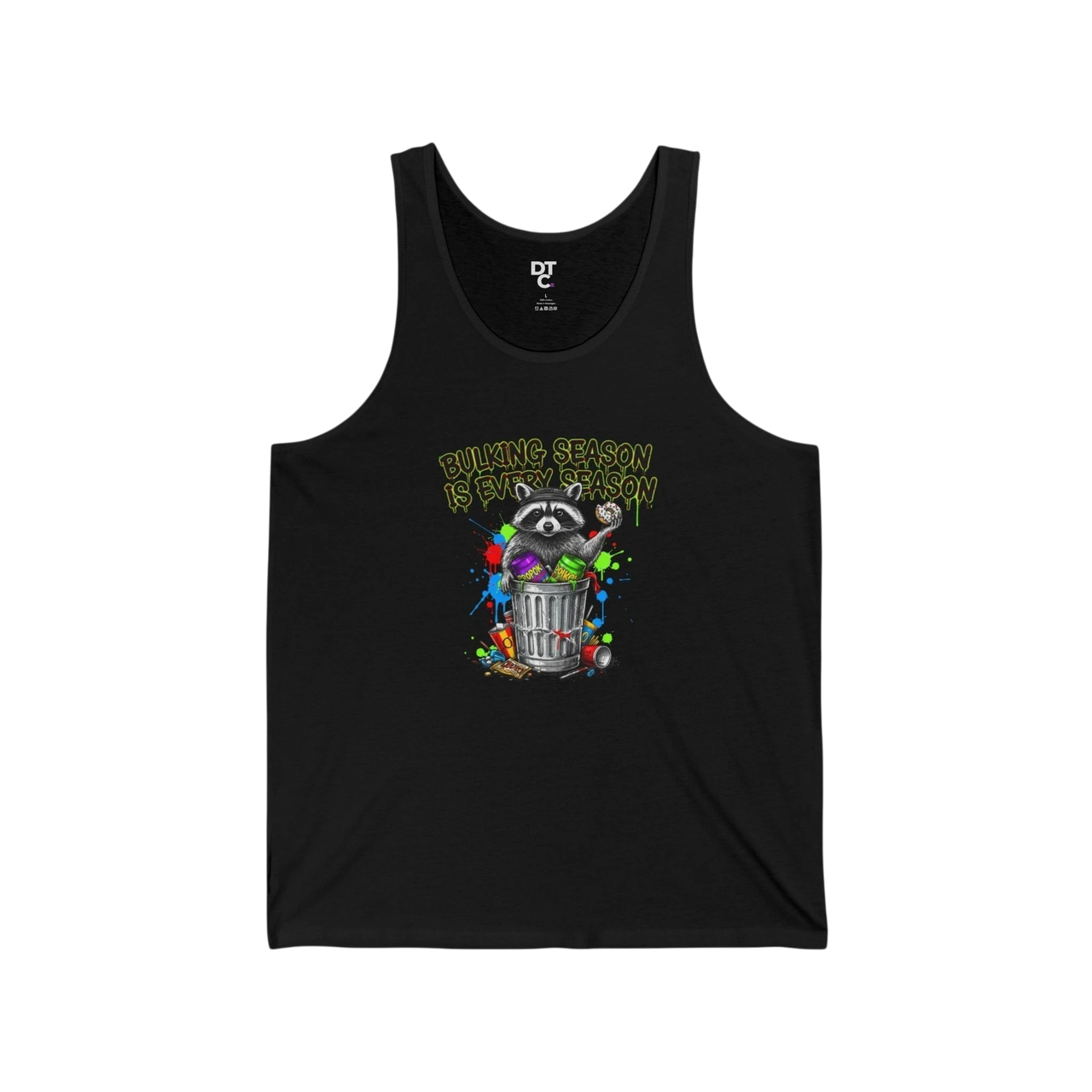 DailyThreadCo black cotton tank top with a graphic of a raccoon in a trash can with the text "Bulking season is every season".