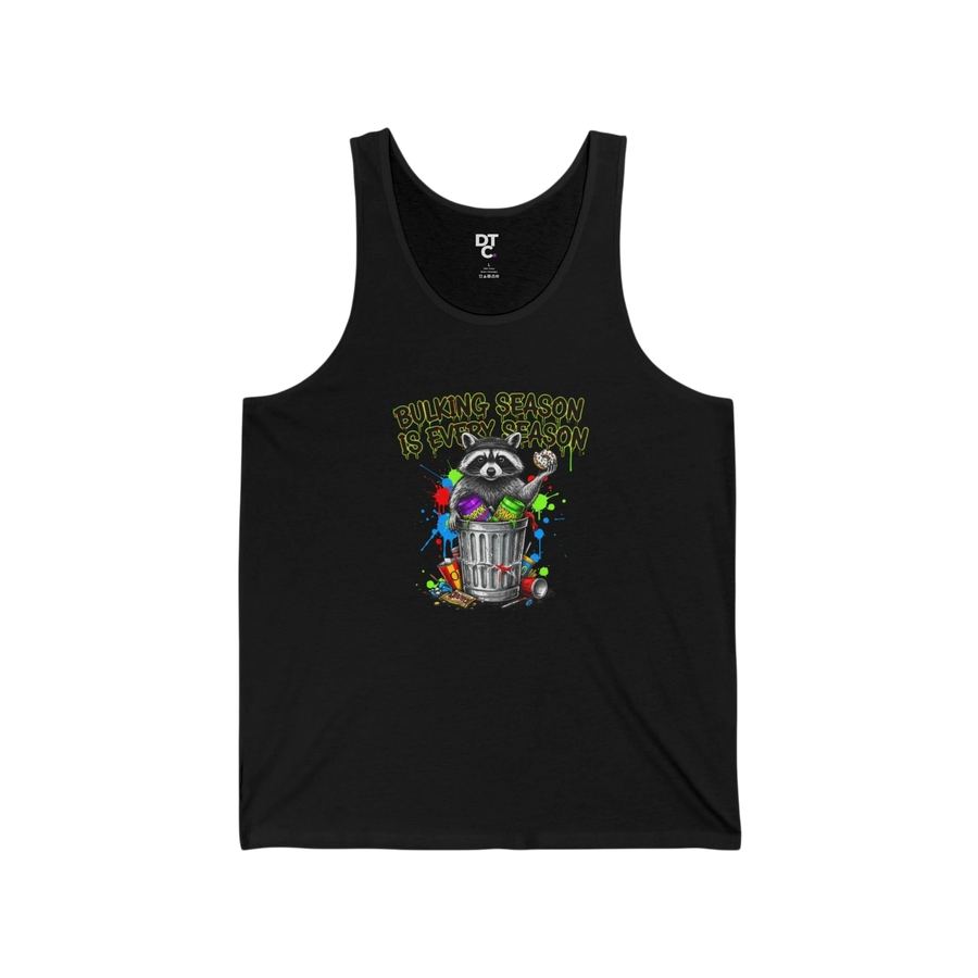 DailyThreadCo black cotton tank top with a graphic of a raccoon in a trash can with the text "Bulking season is every season".