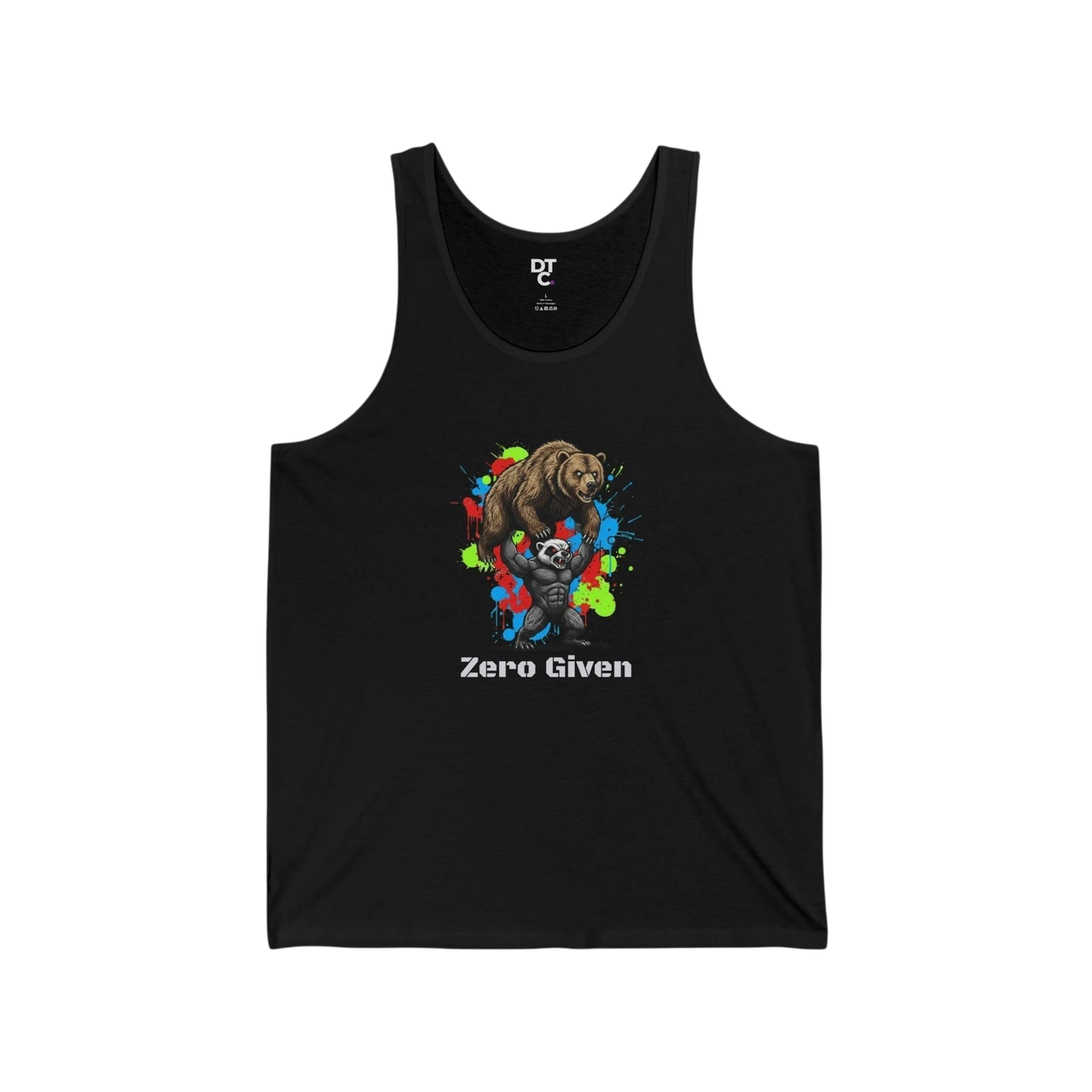 DailyThreadCo. black cotton graphic tank top with a bear lifting a honey badger and colorful paint splatters. Text reads "Zero Given".