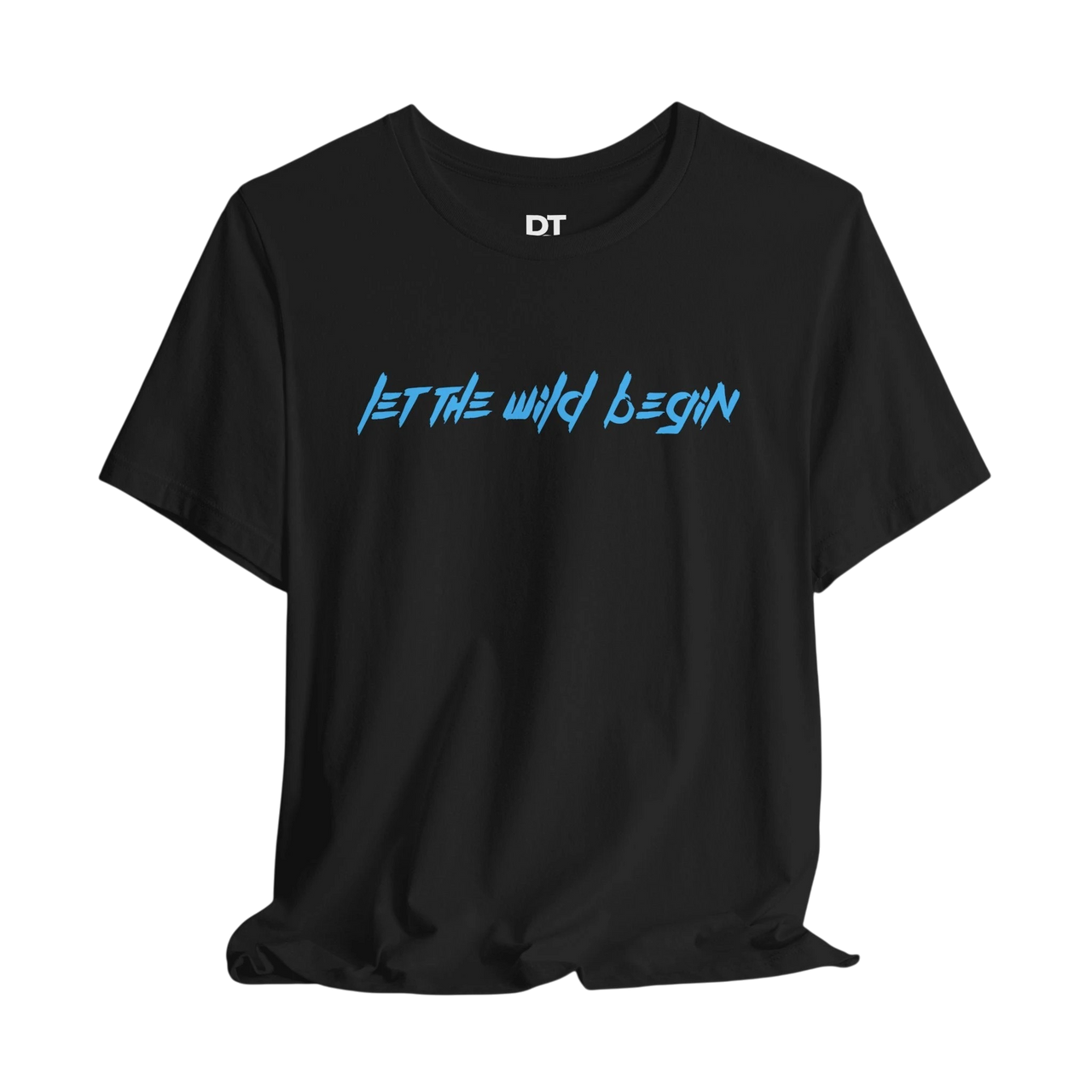 DailyThreadCo. black 100% cotton t-shirt with blue "Let The Wild Begin" graphic on front.