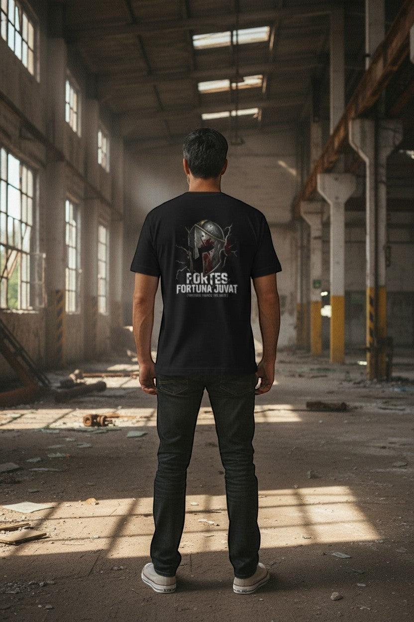 DailyThreadCo. black 100% cotton t-shirt with a distressed Spartan helmet graphic and "Fortes Fortuna Juvat" text on the back.