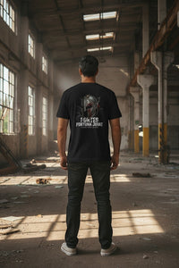 DailyThreadCo. black 100% cotton t-shirt with a distressed Spartan helmet graphic and 