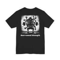 DailyThreadCo. black 100% cotton t-shirt with a graphic print of a multi-limbed figure lifting weights and the text 