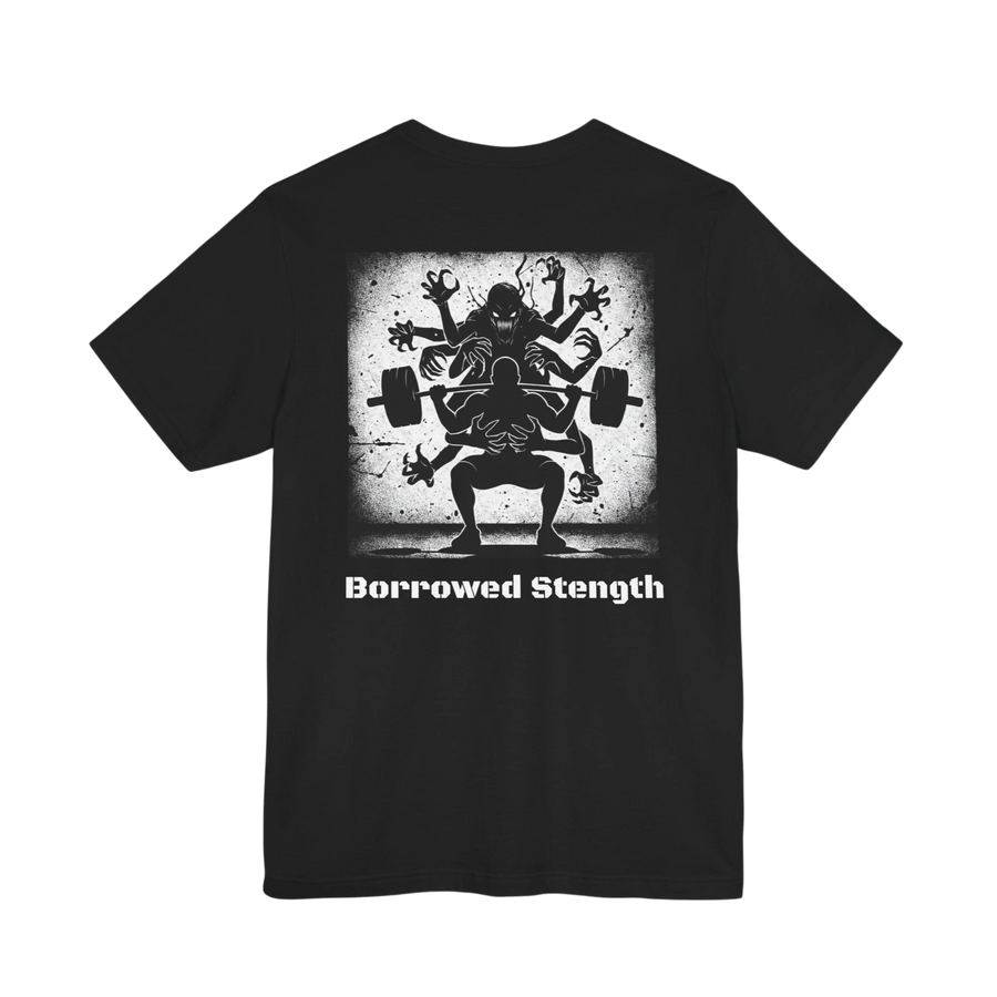 DailyThreadCo. black 100% cotton t-shirt with a graphic print of a multi-limbed figure lifting weights and the text "BORROWED STRENGTH".