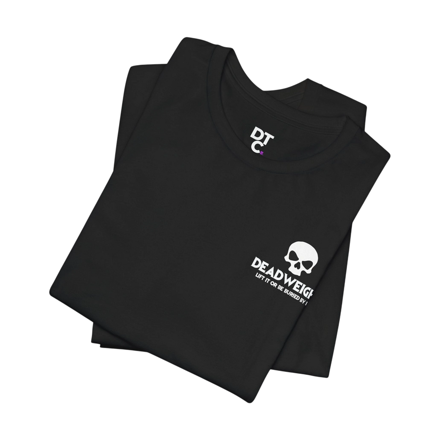 DailyThreadCo. black cotton t-shirt with a white skull graphic and Deadweight text on the chest.