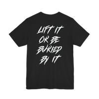 DailyThreadCo. black gym t-shirt featuring white jagged motivational text on the back.