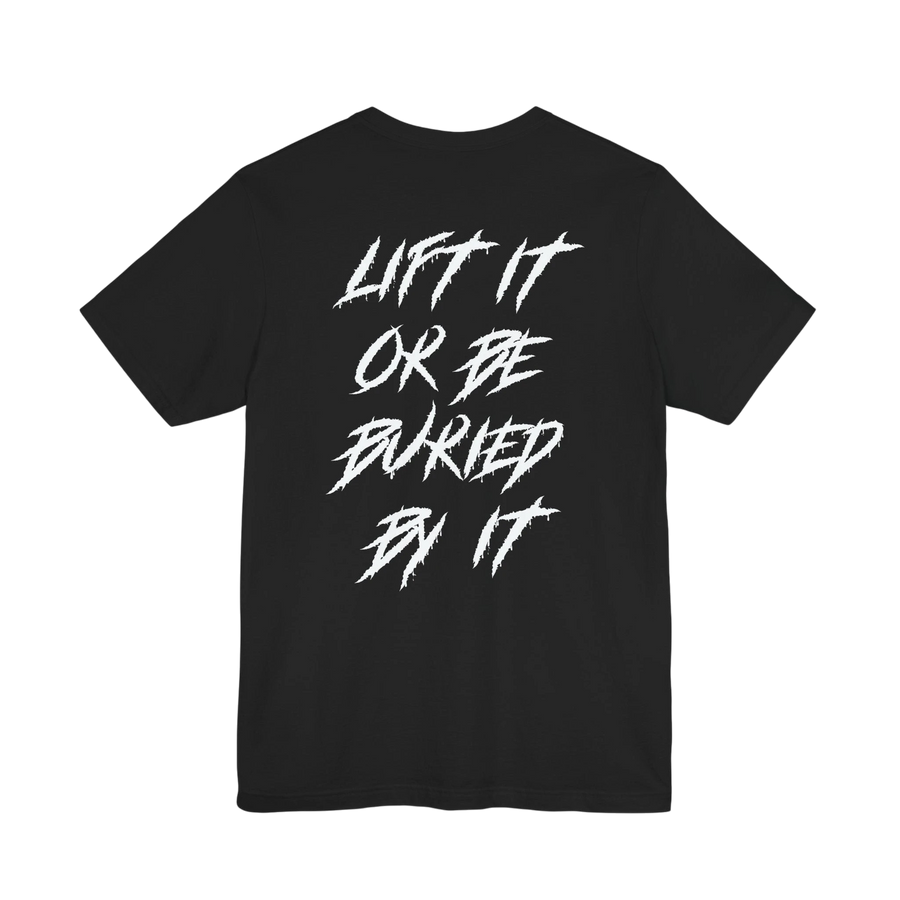 DailyThreadCo. black gym t-shirt featuring white jagged motivational text on the back.