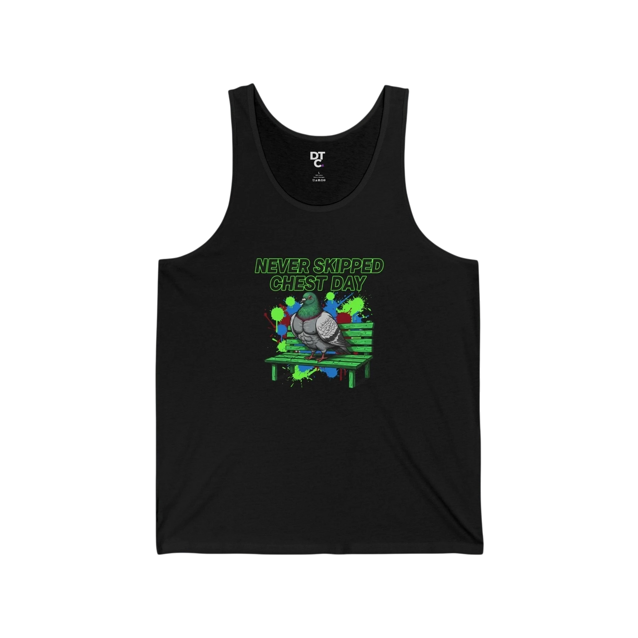 DailyThreadCo. black cotton tank top with a graphic of a muscular pigeon sitting on a green park bench, with neon green text reading "NEVER SKIPPED CHEST DAY".