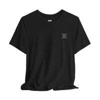 DailyThreadCo. black 100% cotton crewneck t-shirt with a small grey skull and crossed barbells emblem on the left chest.