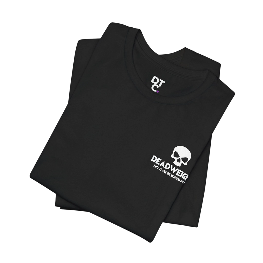 DailyThreadCo. black cotton gym t-shirt featuring a white skull chest graphic and motivational text.