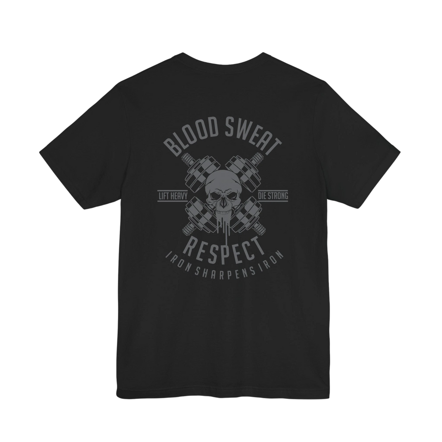 DailyThreadCo. black 100% cotton t-shirt with a graphic print of crossed barbells and a skull, featuring text "Blood Sweat Respect" and "Iron Sharpens Iron".