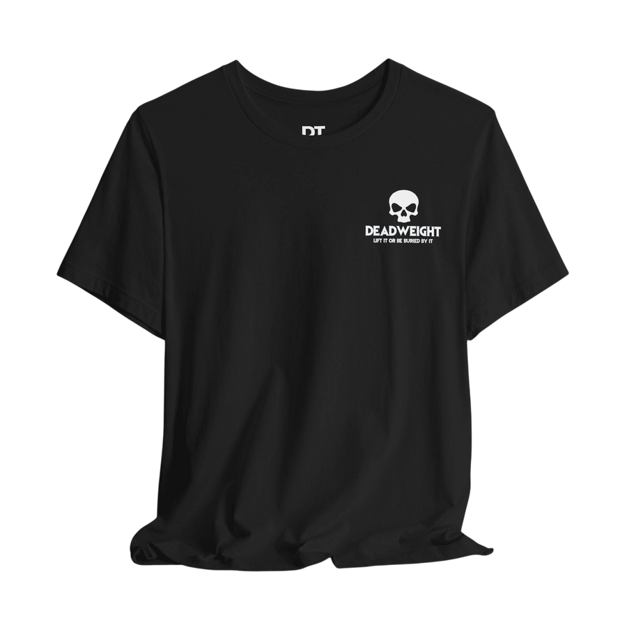 DailyThreadCo. black cotton t-shirt with a white skull logo and Deadweight text on the chest for gym and casual wear.
