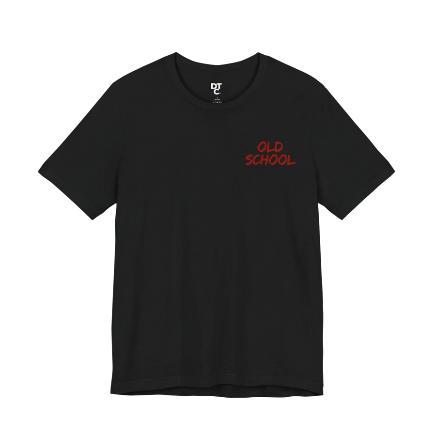 DailyThreadCo. black 100% cotton t-shirt with red "OLD SCHOOL" graphic on the chest and a crew neck.