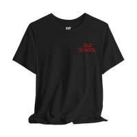 DailyThreadCo. black 100% cotton t-shirt with red 'OLD SCHOOL' graphic on the chest and 'OLD SCHOOL PLATE BANGERS' on the back.
