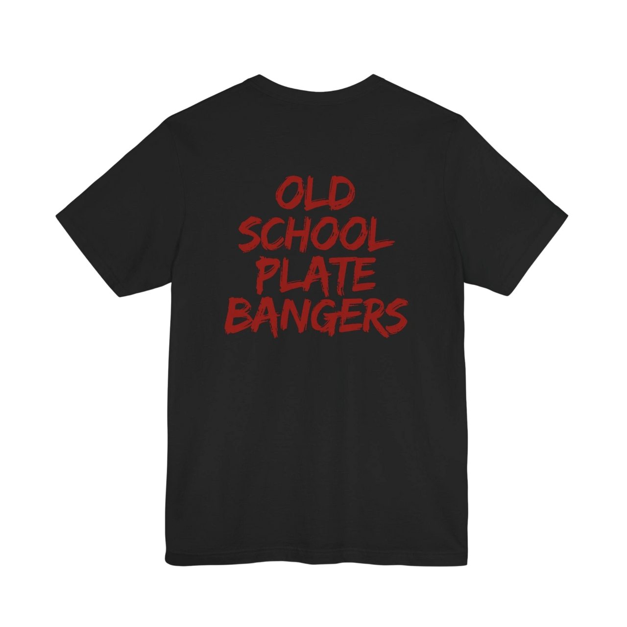DailyThreadCo. black 100% cotton t-shirt with red distressed text reading "OLD SCHOOL PLATE BANGERS" on the back.
